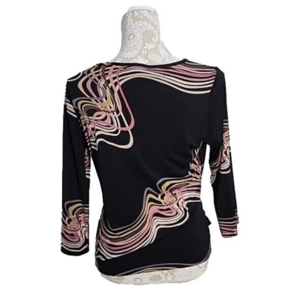 Notations Top Black Print 3/4 Sleeve Attached Belt Women's Large - Picture 3 of 5